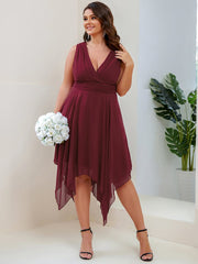 Weitese Plus Size Double V Neck Ruched-Waist Midi Chiffon Bridesmaid Dress