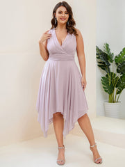 Weitese Plus Size Double V Neck Ruched-Waist Midi Chiffon Bridesmaid Dress