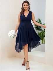 Weitese Plus Size Double V Neck Ruched-Waist Midi Chiffon Bridesmaid Dress