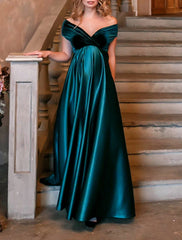 A-Line Evening Gown Maternity Dress Red Green Dress Formal Floor Length Short Sleeve V Neck Charmeuse with Ruched Pure Color