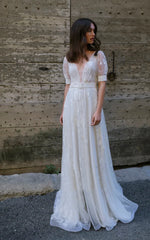 Ethereal Tulle Plunging Neck Half Sleeve Long Bridal Gown