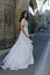 Ethereal Tulle Plunging Neck Half Sleeve Long Bridal Gown