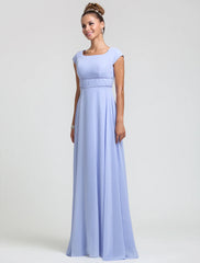 Sheath / Column Bridesmaid Dress Square Neck Short Sleeve Elegant Floor Length Chiffon with Sash / Ribbon / Pleats