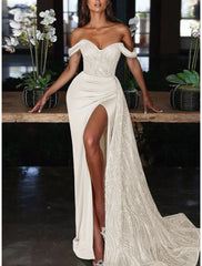 Mermaid Dress Evening Gown Red Green Dress Dress Formal Wedding Guest Court Train Sleeveless Off Shoulder Charmeuse with Ruched Sequin Slit
