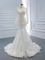 Sexy See Through Mermaid Wedding Dresses with Long Sleeves 67140