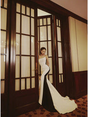 Mermaid / Trumpet Evening Gown Color Block Dress Engagement Court Train Sleeveless Strapless Stretch Satin