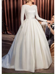 Aimishang Engagement Vintage 1940s / 1950s Formal Fall Wedding Dresses Ball Gown Off Shoulder Long Sleeve Court Train Satin Bridal Gowns With Sash / Ribbon Appliques Summer Wedding Party, Women‘s Clothing