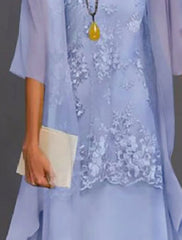 Two Piece Sheath / Column Mother of the Bride Dress Elegant Jewel Neck Tea Length Chiffon Lace Sleeveless Jacket Dresses with Appliques