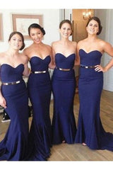 Dark Blue Sweetheart Bridesmaid Dress Long Mermaid Strapless Prom Gown with Belt