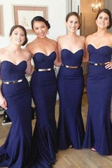 Dark Blue Sweetheart Bridesmaid Dress Long Mermaid Strapless Prom Gown with Belt