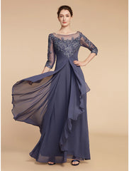Aimishang  A-Line Mother of the Bride Dress Elegant V Neck Floor Length Chiffon Lace 3/4 Length Sleeve with Ruffles Appliques