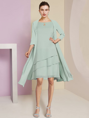 Two Piece A-Line Mother of the Bride Dress Formal Wedding Guest Elegant Scoop Neck Knee Length Chiffon Sleeve with Tier