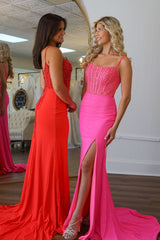 Charming Mermaid Straps Pink Elasitc Satin Slit Prom Dresses