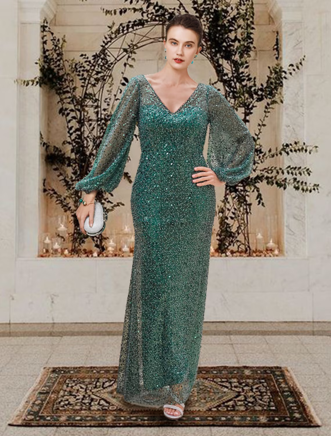 Mother of the Bride Dress Elegant Sparkle Shine V Neck Floor Length Lace Sequined Long Sleeve with Beading Sequin