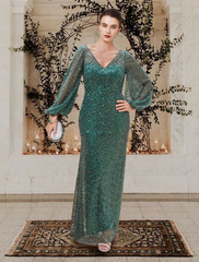 Mother of the Bride Dress Elegant Sparkle Shine V Neck Floor Length Lace Sequined Long Sleeve with Beading Sequin