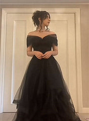 Black Tulle Sweetheart Off Shoulder Long Party Dress, A-line Black Prom Dress