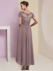 Two Piece A-Line Mother of the Bride Dress Formal Wedding Guest Elegant V Neck Lace Short Sleeve Wrap Included with Pleats Appliques