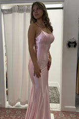 Scoop Neck Mermaid Pink Satin Long Prom Dresses