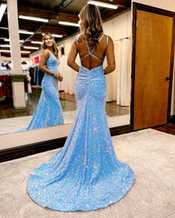 Mermaid V Neck Court Train Sequined Prom Dress Sparkly Sexy