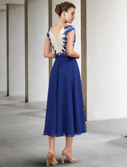 A-Line Mother of the Bride Dress Plus Size Elegant V Neck Chiffon Lace Cap Sleeve with Appliques Side-Draped