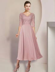 Two Piece A-Line Mother of the Bride Dress Formal Wedding Guest Elegant V Neck Chiffon Lace Sleeve Wrap Included with Appliques