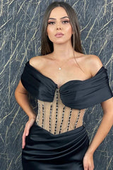 Fabulous Black Off-the-Shoulder Evening Dress Mermaid Long With Pleats