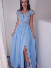 Fabulous Cap Sleeves Sky Blue Long Evening Dress Appliques With Slit