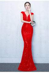 Fabulous Cap Sleeves V-Neck Evening Dress Sequins Mermaid Online