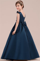 Fabulous Navy Blue Satin Flower Girl Dress With Bowknot