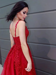Fabulous Red Sleeveless V-Neck Lace Appliques Evening Dress