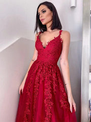 Fabulous Red Sleeveless V-Neck Lace Appliques Evening Dress