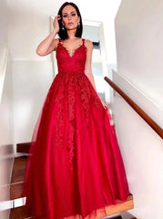 Fabulous Red Sleeveless V-Neck Lace Appliques Evening Dress