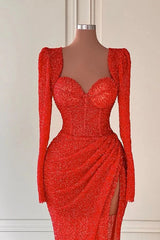 Fabulous Red Sweetheart Long Sleeves Mermaid Evening Dress Sequins With Slit
