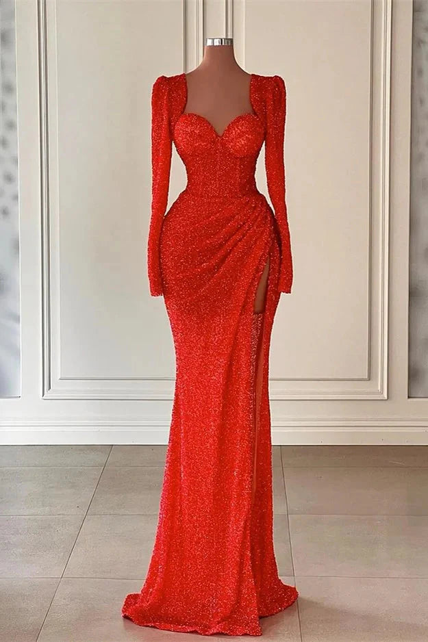 Fabulous Red Sweetheart Long Sleeves Mermaid Evening Dress Sequins With Slit