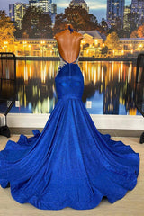 Fabulous Royal Blue Backless Mermaid Prom Dress with Beading