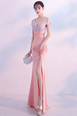Fabulous Short Sleeves Beads Evening Dress Mermaid V-Neck With Slit