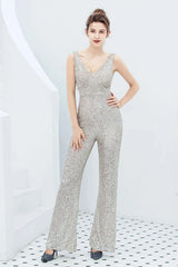 Fabulous V-Neck Sequins Evening Gown Sleeveless Jumpsuit