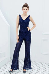 Fabulous V-Neck Sequins Evening Gown Sleeveless Jumpsuit