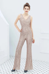 Fabulous V-Neck Sequins Evening Gown Sleeveless Jumpsuit