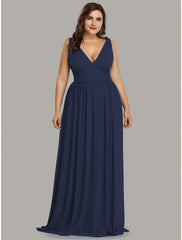 Weitese A-Line Evening Gown Plus Size Dress Wedding Guest Formal Evening Floor Length Sleeveless V Neck Bridesmaid Dress Chiffon V Back with Pleats