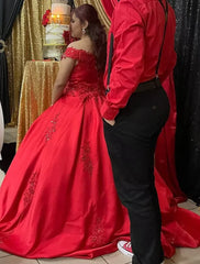 Ball Gown Luxurious Sexy Quinceanera Formal Evening Valentine's Day Dress Off Shoulder Short Sleeve Chapel Train Lace with Appliques
