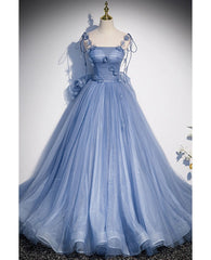 Unique and elegant sky blue decal thin shoulder strap off the shoulder ball dress sky blue A-shaped/princess bow sleeveless backless lace up and floor length style