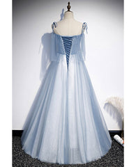 Sweet Sky Blue Thin Shoulder Strap Sleeveless Applique Lace Bead Dress Dress with Sky Blue A-line Glittering Thin Gauze Open Back Strap Long Ruffle Edge Evening Dress