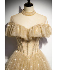 Sparkling Champagne Perspective High Neck Beaded Short sleeved Ball Dress Champagne A-line/Princess Sparkling sheer backless strap and floor length ruffled edge evening dress