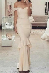 Fascinating Beige Mermaid Off-the-Shoulder Ruffles Bridesmaid Dress Long