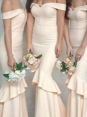 Fascinating Beige Mermaid Off-the-Shoulder Ruffles Bridesmaid Dress Long