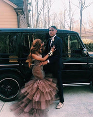 Fashion Brown Tulle Beadings Tiered Straps Prom Dress