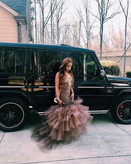 Fashion Brown Tulle Beadings Tiered Straps Prom Dress