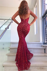 Fashion Burgundy Lace Open Back Spaghetti Strap Prom Dress