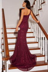 Fashion Burgundy One Shoulder Side Slit Sheath Sequins Prom Dresses